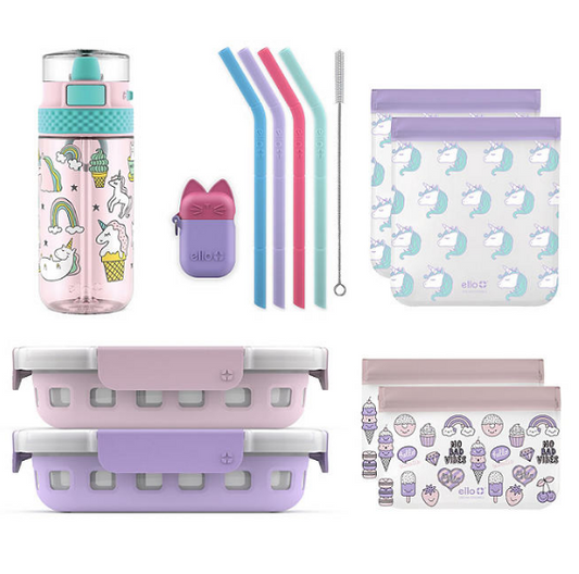 Ello 13-Piece Kids Food Storage, Straws and Water Bottle Lunch Pack Set (Assorted Colors)