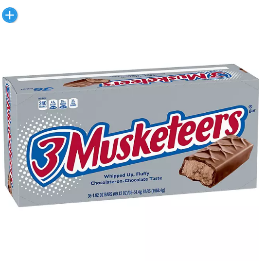 3 Musketeers Chocolate Candy Bars Full Size Bulk Pack (1.92 oz., 36 ct.)