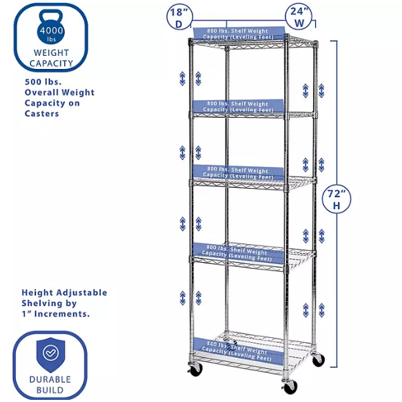 Seville Classics NSF 5-Tier Steel Wire Shelving, 24" x 18" x 72" H