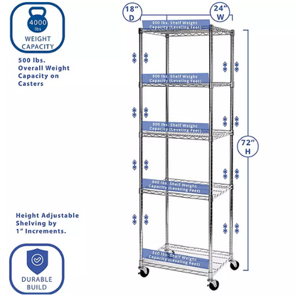 Seville Classics NSF 5-Tier Steel Wire Shelving, 24" x 18" x 72" H