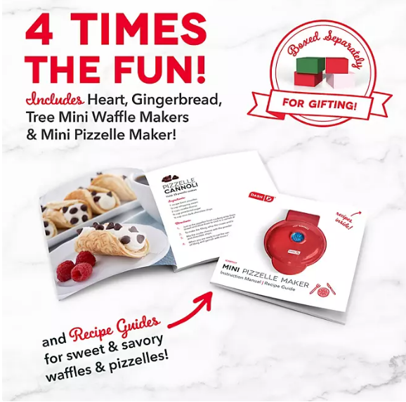 Dash Holiday Mini Maker Set of 4, Heart, Gingerbread and Christmas Tree Mini Waffle Maker