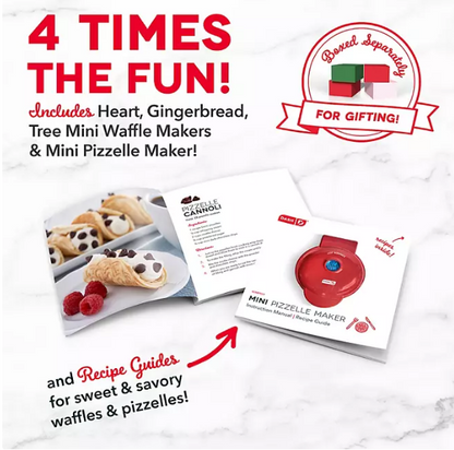 Dash Holiday Mini Maker Set of 4, Heart, Gingerbread and Christmas Tree Mini Waffle Maker