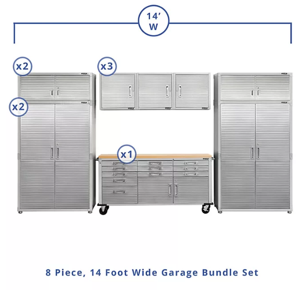 Seville Classics UltraHD 8-Piece Steel Garage Cabinet Storage Set With Rolling Workbench, 14 Feet Wide