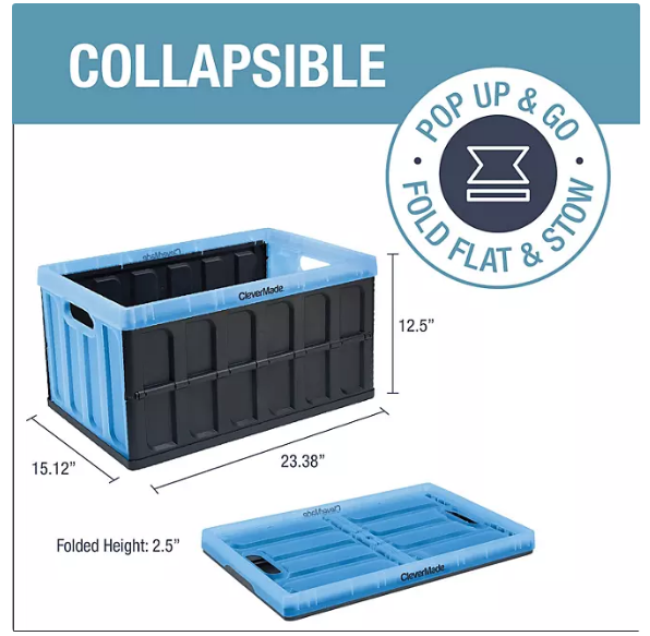 CleverMade 62L Collapsible Storage Bin, No Lid, Black/Translucent Blue, 3 Pack