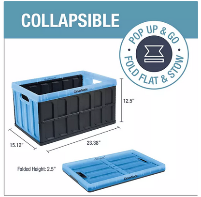 CleverMade 62L Collapsible Storage Bin, No Lid, Black/Translucent Blue, 3 Pack