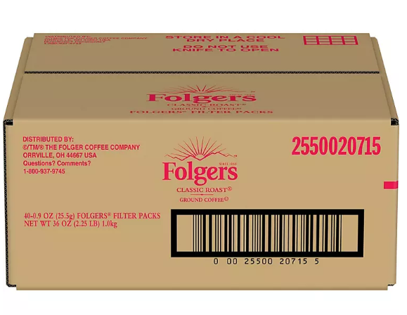 Folgers Classic Roast Ground Coffee, Filter Packs (0.9 oz., 40 ct.)