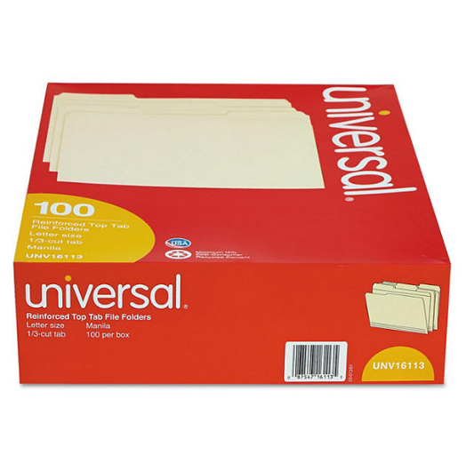 Universal® File Folders, 1/3 Cut Assorted, Two-Ply Top Tab, Manila, 100/Box (Various Types)