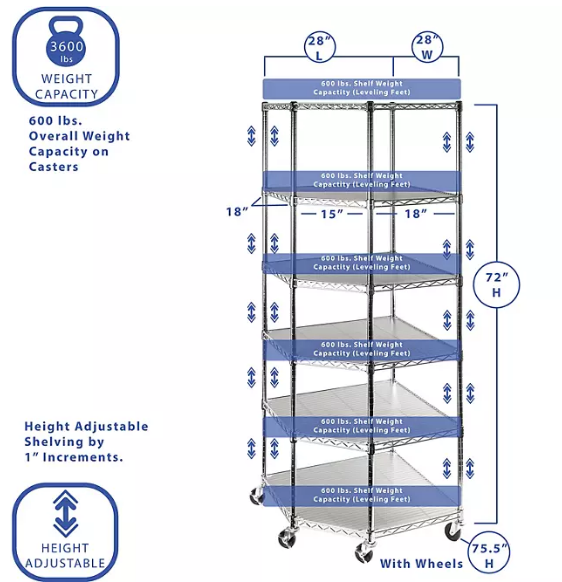 Seville Classics NSF Heavy-Duty Steel 6 Level Corner Shelf, 28" L x 28" W x 75.5" H