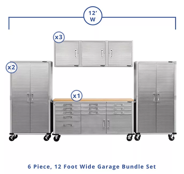 Seville Classics UltraHD 6-Piece Steel Garage Cabinet Storage Set With Rolling Workbench, 12 Feet Wide