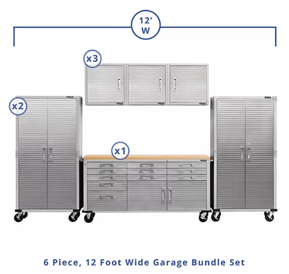 Seville Classics UltraHD 6-Piece Steel Garage Cabinet Storage Set With Rolling Workbench, 12 Feet Wide