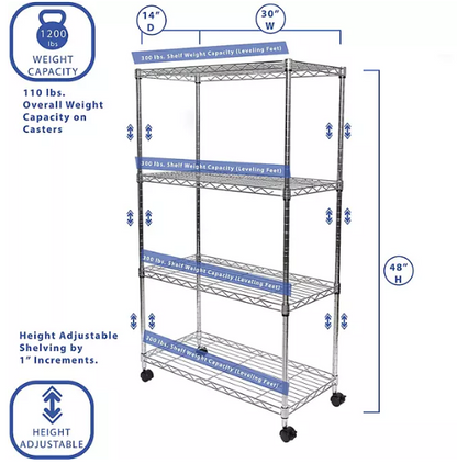 Seville Classics 4-Tier Steel Wire Shelving, 30" x 14" x 48" H