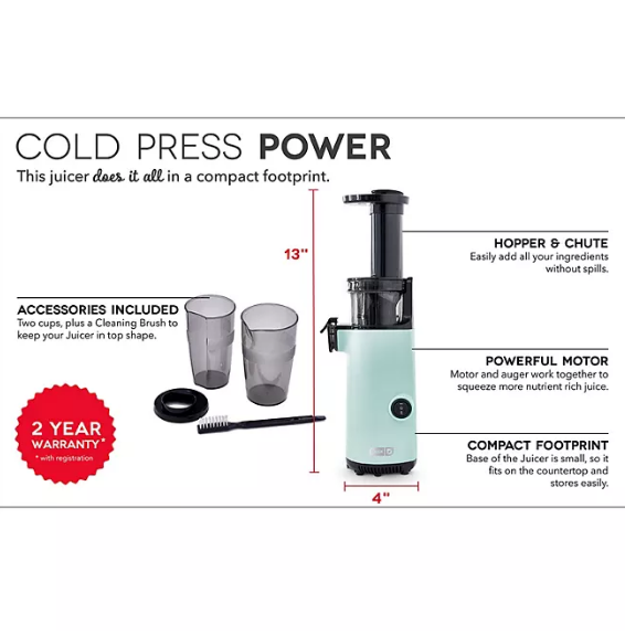 Dash Compact Cold Press Power Juicer (Assorted Colors)