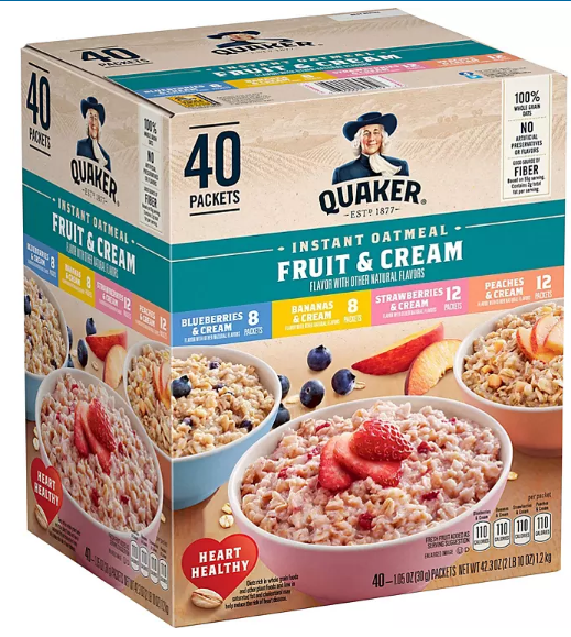 Quaker Instant Oatmeal Fruit & Cream, Variety Pack (40 pk.)