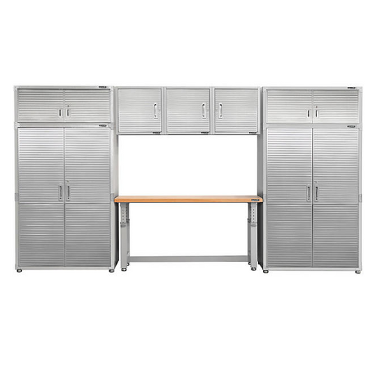 Seville Classics UltraHD 8-Piece Steel Garage Cabinet Storage Set With Height Adjustable Workbench, 14 Feet Wide