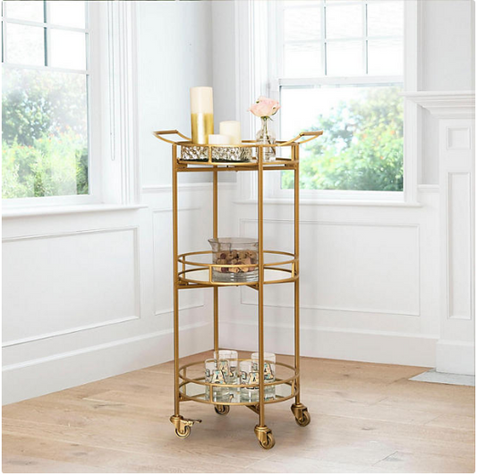 Devereaux 3-Tier Multi-Use Cylinder Modern Bar Cart, Gold