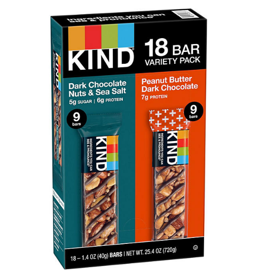 KIND Snack Bars Variety Pack, Dark Chocolate Nuts & Sea Salt and Peanut Butter Dark Chocolate (18 ct.)