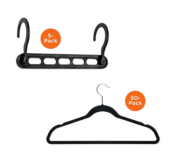 Honey-Can-Do Set of 5 Collapsible Hangers and 50 Velvet Non-Slip Hangers, Black