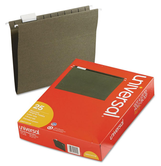 Universal 1/5 Tab Hanging File Folders, 11 Point Stock, Letter, Standard Green, 25ct.