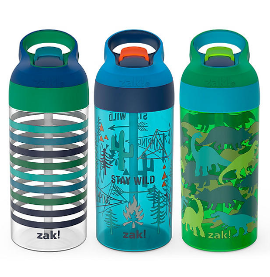 Zak Designs 17.5-oz. Tritan Water Bottle 3-Pack Set Reuseable Plastic with One-Touch Lid, Silicone Spout with Cover (Assorted Colors)