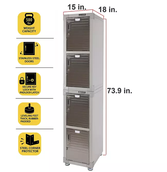 Seville Classics UltraHD 4-Door Stackable Locker Cabinets, 15" W x 18" D x 73.9" H