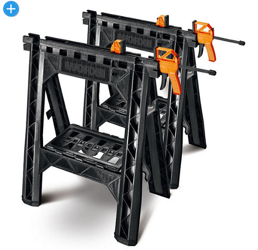 Worx Clamping Sawhorse Pair with Bar Clamps, Built-in Shelf, Cord Hooks