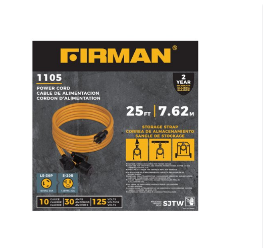 FIRMAN 1105 25 ft. 10AWG Generator Power Cord L5-30P to 3x5-20R - Yellow