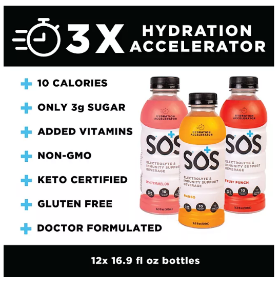 SOS Hydration Fruit Punch, Mango and Watermelon Variety Pack (16.9 fl. oz., 12 pk.)