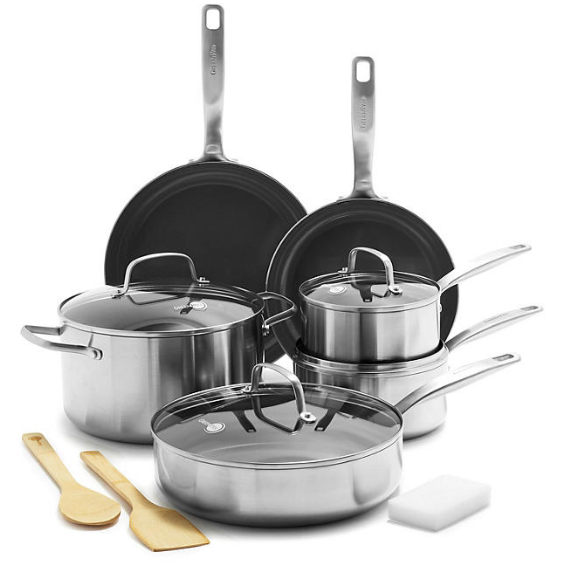 Greenpan 12-Piece Chatham Stainless Steel Ceramic Nonstick Cookware Set, PFAS Free