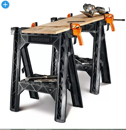 Worx Clamping Sawhorse Pair with Bar Clamps, Built-in Shelf, Cord Hooks