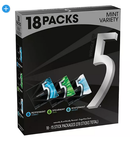 Wrigley's 5 Gum Mint Sugar-Free Chewing Gum Bulk Variety Pack (15 pc., 18 pk.)