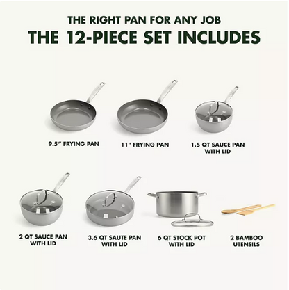 Greenpan 12-Piece Chatham Stainless Steel Ceramic Nonstick Cookware Set, PFAS Free