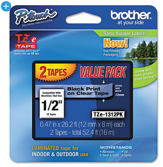 Brother Genuine P-touch Tape, TZE1312PK, 1/2in x 26.2ft, Black on Clear, 2 pk.