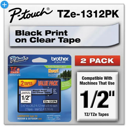 Brother Genuine P-touch Tape, TZE1312PK, 1/2in x 26.2ft, Black on Clear, 2 pk.