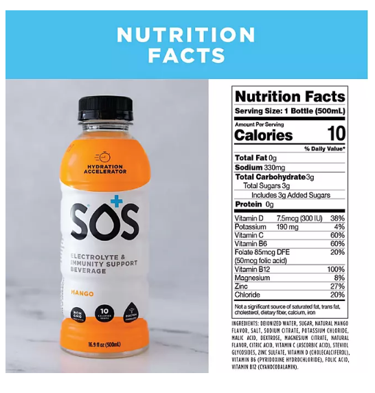 SOS Hydration Fruit Punch, Mango and Watermelon Variety Pack (16.9 fl. oz., 12 pk.)