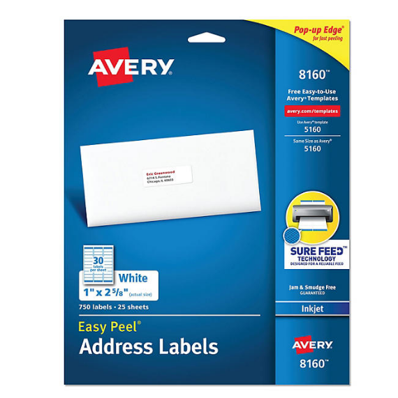 Avery Easy Peel Address Labels w/ Sure Feed Technology, Inkjet Printers, White, 25 Sheets/Pack