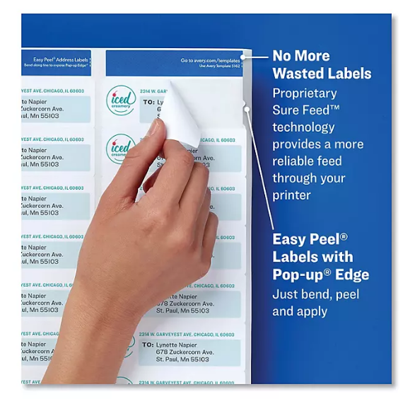 Avery Easy Peel White Address Labels w/ Sure Feed Technology, Laser Printers, 1.33 x 4, White, 14/Sheet, 250 Sheets/Box