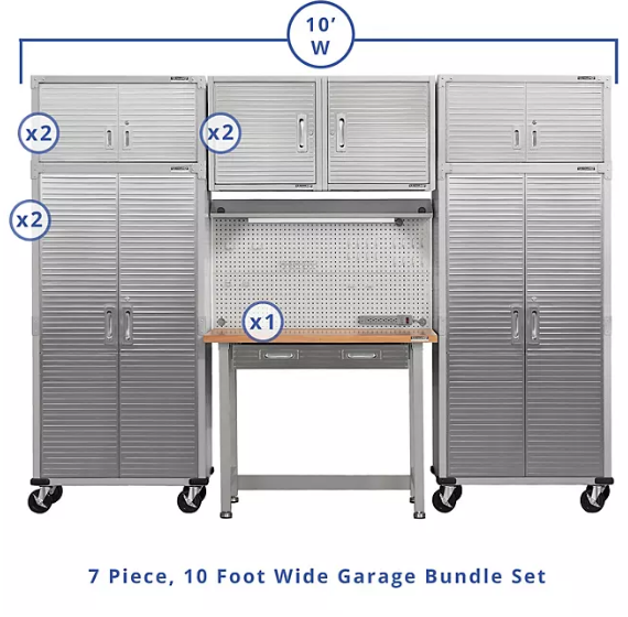 Seville Classics UltraHD 7-Piece Steel Garage Cabinet Storage Set With Pegboard Workbench, 10 Feet Wide