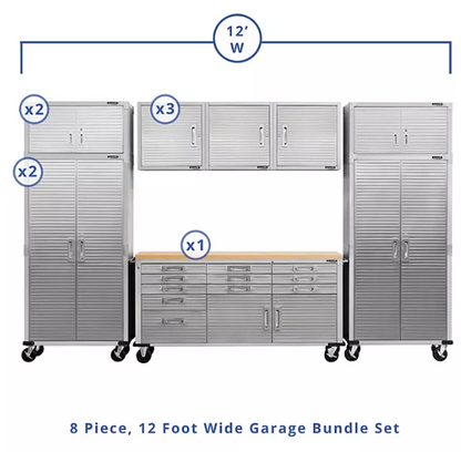 Seville Classics UltraHD 8-Piece Steel Garage Cabinet Storage Set With Rolling Workbench, 12 Feet Wide