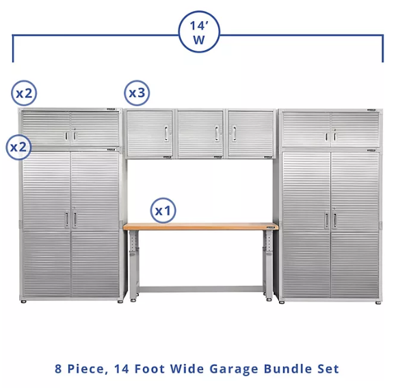 Seville Classics UltraHD 8-Piece Steel Garage Cabinet Storage Set With Height Adjustable Workbench, 14 Feet Wide