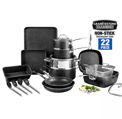 Granitestone 22-Piece Non-Stick Aluminum Cookware Set with Utensils