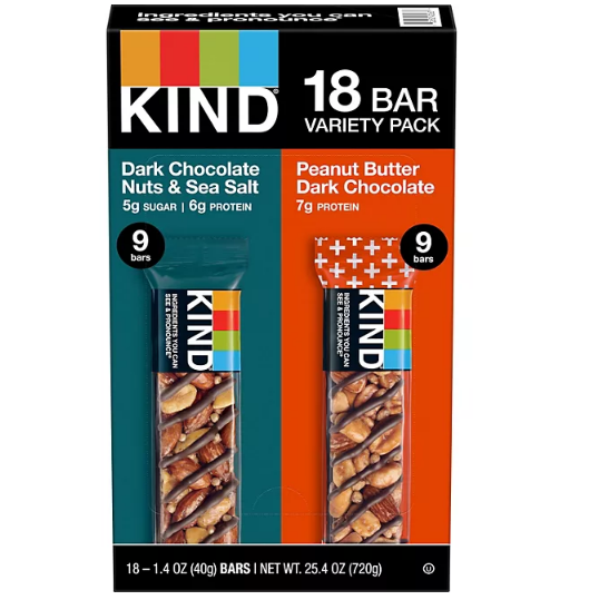 KIND Snack Bars Variety Pack, Dark Chocolate Nuts & Sea Salt and Peanut Butter Dark Chocolate (18 ct.)