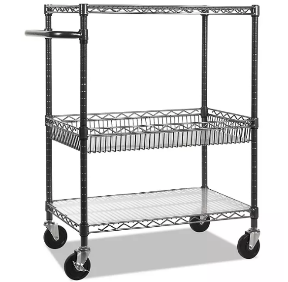 Alera 40" 3-Tier Wire Rolling Cart, Black Anthracite