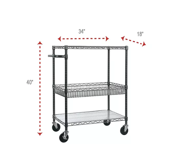 Alera 40" 3-Tier Wire Rolling Cart, Black Anthracite