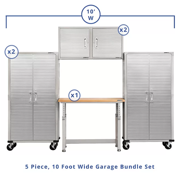 Seville Classics UltraHD® 5-Piece Steel Garage Cabinet Storage Set With Height Adjustable Workbench, 10 Feet Wide