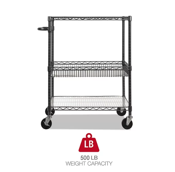 Alera 40" 3-Tier Wire Rolling Cart, Black Anthracite