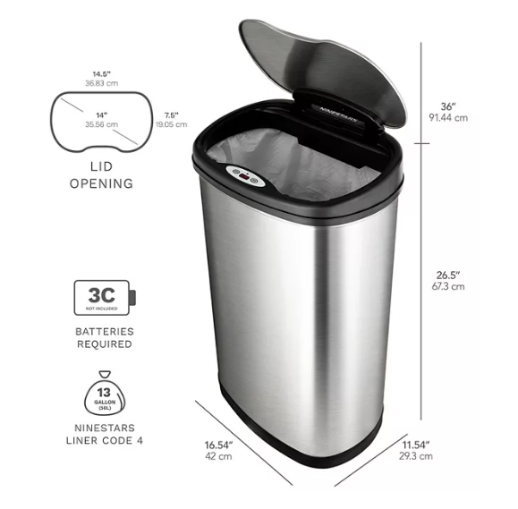 Nine Stars Combo Sensor Trash Can, Stainless Steel (13.2 gal / 3.2 gal)