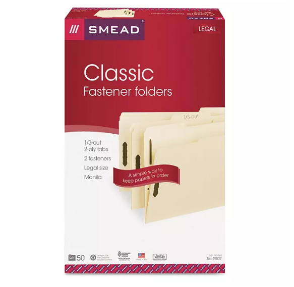 Smead 1/3 Cut Assorted Positions Two Fastener File Folder, Manila (Legal, 50ct.)