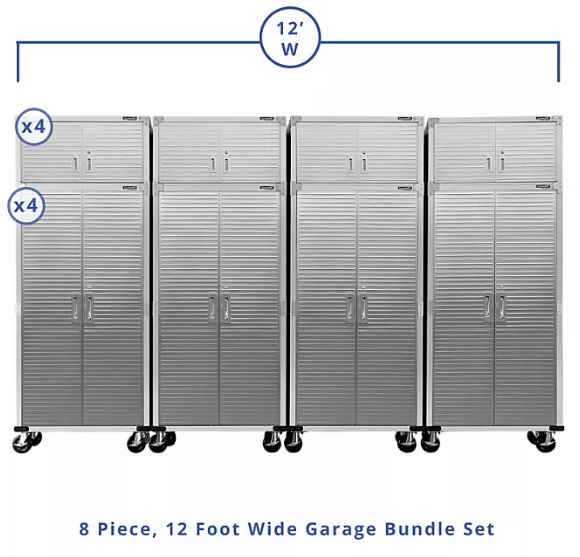 Seville Classics UltraHD 8-Piece Rolling Steel Garage Storage Cabinet With Stacker Set, 12 Feet Wide