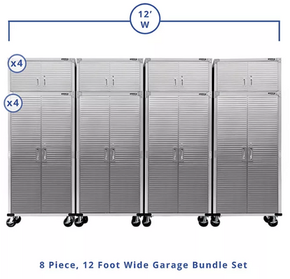 Seville Classics UltraHD 8-Piece Rolling Steel Garage Storage Cabinet With Stacker Set, 12 Feet Wide