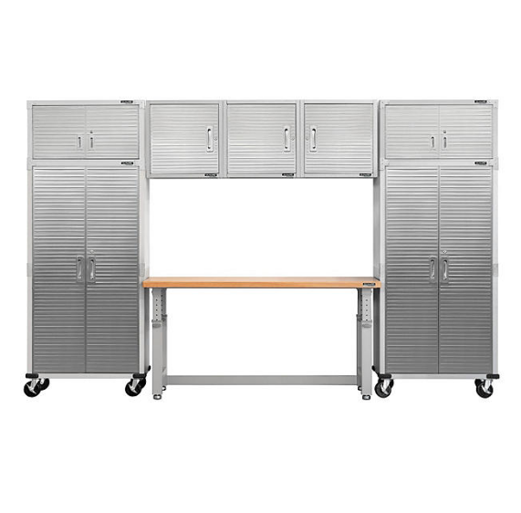 Seville Classics UltraHD 8-Piece Steel Garage Cabinet Storage Set With Height Adjustable Workbench, 12 Feet Wide